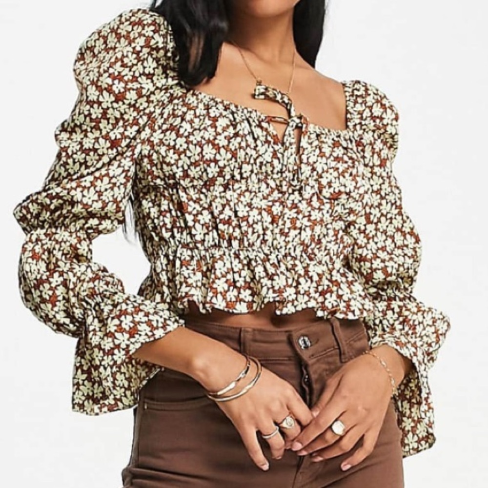 Brown Floral Square Neck Blouse with Shirred Waist
